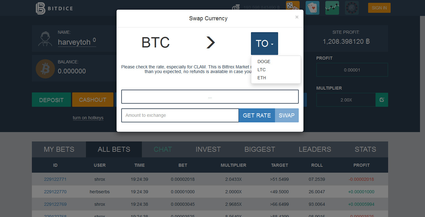 BitDice Currency Swap